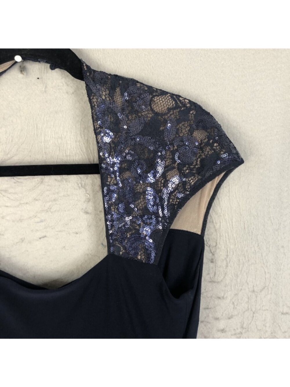 statement Dress Womens 10 Navy Blue Fitted Sequin Sleeves Formal - Picture 8 of 16